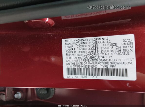 7FARS5H89SE032950 2025 HONDA CR-V Red Вид підкапотного простору
