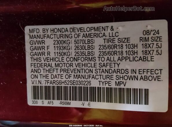 7FARS6H52SE030226 2025 HONDA CR-V Red Widok komory silnika