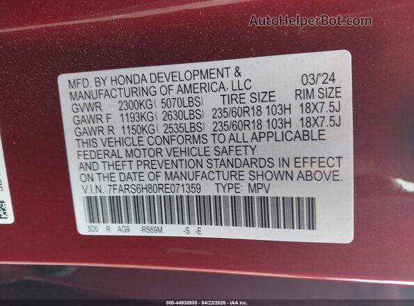 7FARS6H80RE071359 2024 HONDA CR-V HYBRID Red Շարժիչի բաժամունքի տեսք