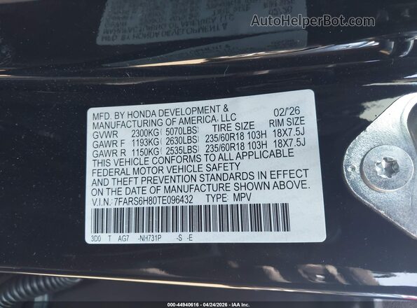 7FARS6H80TE096432 2026 HONDA CR-V Black Շարժիչի բաժամունքի տեսք