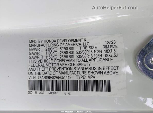 7FARS6H82RE051419 2024 HONDA CR-V White Widok komory silnika