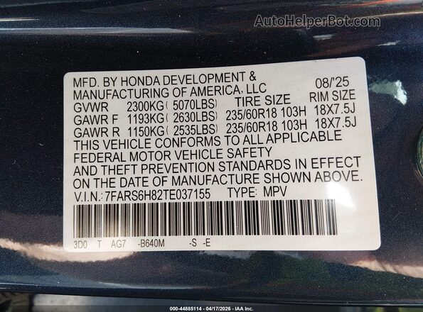 7FARS6H82TE037155 2026 HONDA CR-V Dark Blue Вид підкапотного простору
