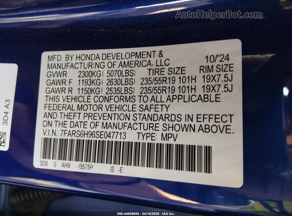 7FARS6H96SE047713 2025 HONDA CR-V Blue ძრავის განყოფილების ხედი