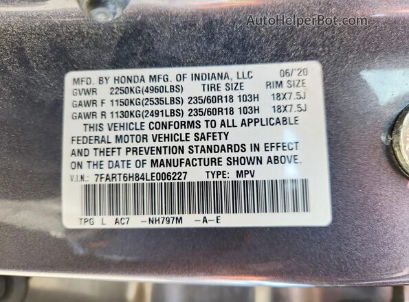 7FART6H84LE006227 2020 HONDA CR-V Серый Вид наклейки с VIN-кодом