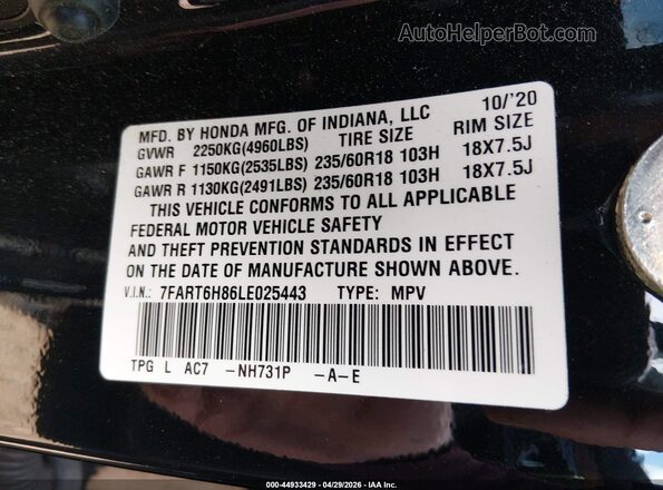 7FART6H86LE025443 2020 HONDA CR-V Black Շարժիչի բաժամունքի տեսք