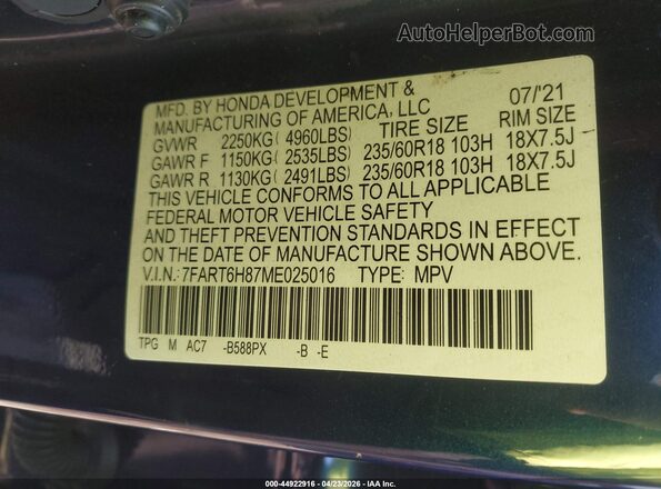 7FART6H87ME025016 2021 HONDA CR-V Blue Vista del compartimento del motor