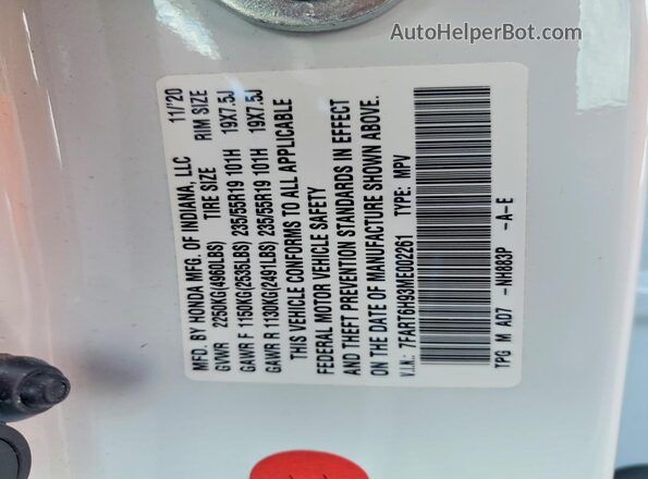7FART6H93ME002261 2021 HONDA CR-V White VIN կոդի պիտակի տեսք