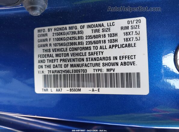 7FARW2H56LE009703 2020 HONDA CR-V Blue Vista del compartimento del motor