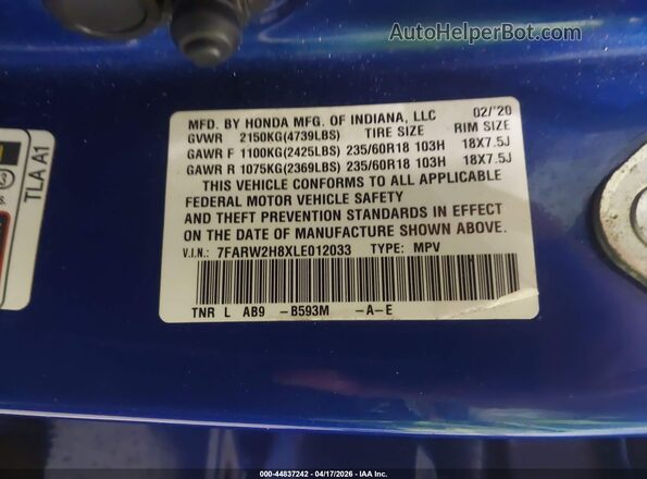 7FARW2H8XLE012033 2020 HONDA CR-V Blue Engine compartment view