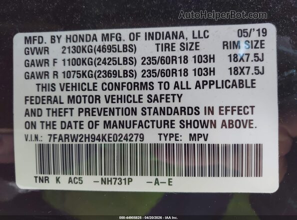 7FARW2H94KE024279 2019 HONDA CR-V Black 