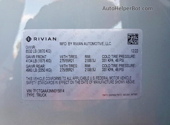 7FCTGAAA3NN015814 2022 RIVIAN R1T Gray VIN sticker view