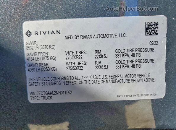7FCTGAAL2NN011562 2022 RIVIAN R1T Gray Widok naklejki z numerem VIN