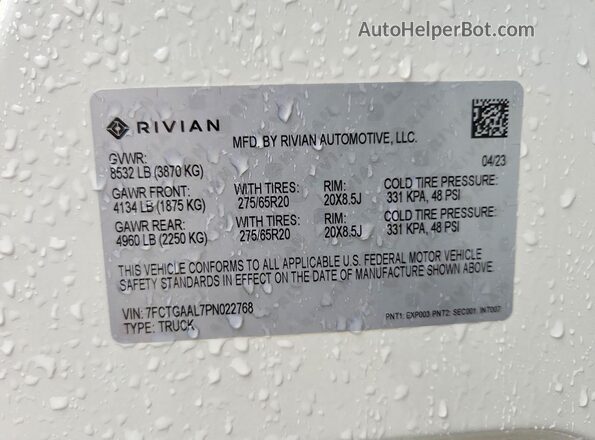 7FCTGAAL7PN022768 2023 RIVIAN R1T White Вид наклейки з VIN-кодом