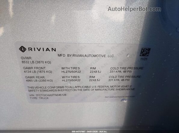 7FCTGCAAXTN045126 2026 RIVIAN R1T Silver ძრავის განყოფილების ხედი