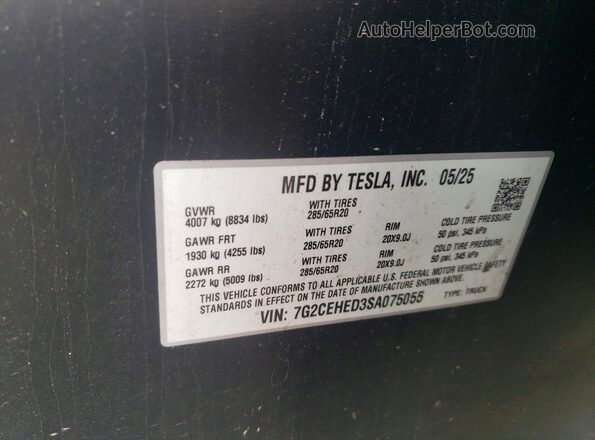 7G2CEHED3SA075055 2025 TESLA CYBERTRUCK Серебряный Вид наклейки с VIN-кодом