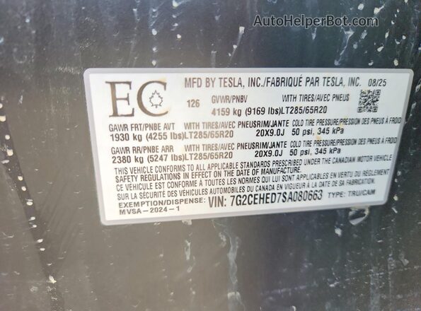 7G2CEHED7SA080663 2025 TESLA CYBERTRUCK Серебряный Вид наклейки с VIN-кодом