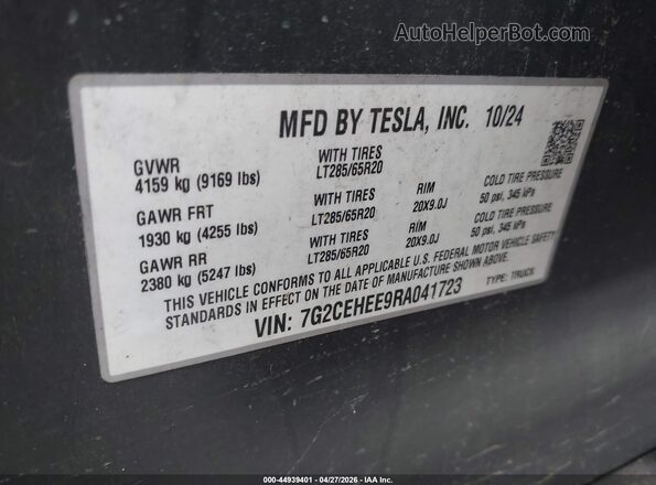7G2CEHEE9RA041723 2024 TESLA CYBERTRUCK Gray VIN կոդի պիտակի տեսք