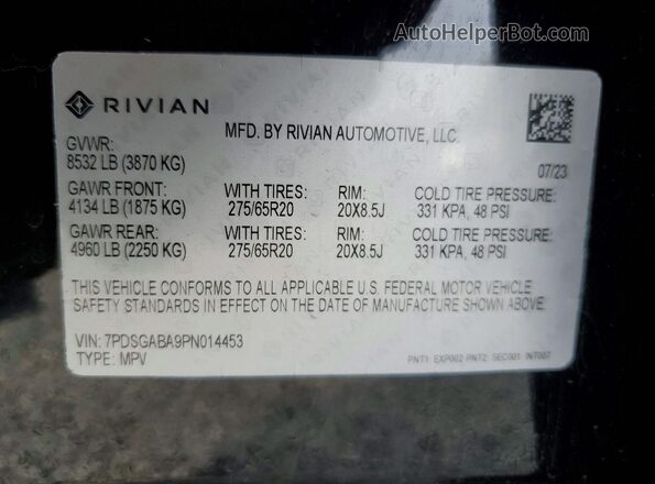 7PDSGABA9PN014453 2023 RIVIAN R1S Black VIN sticker view