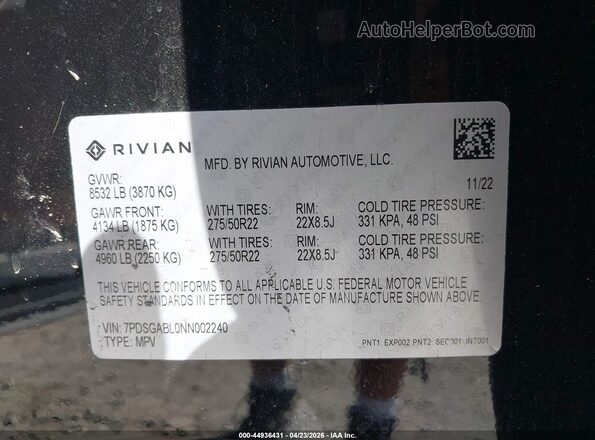 7PDSGABL0NN002240 2022 RIVIAN R1S Black Widok komory silnika