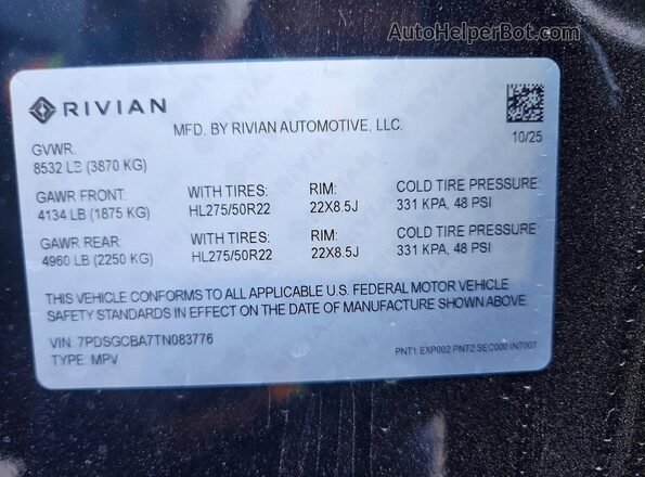 7PDSGCBA7TN083776 2026 RIVIAN R1S Черный Вид наклейки с VIN-кодом