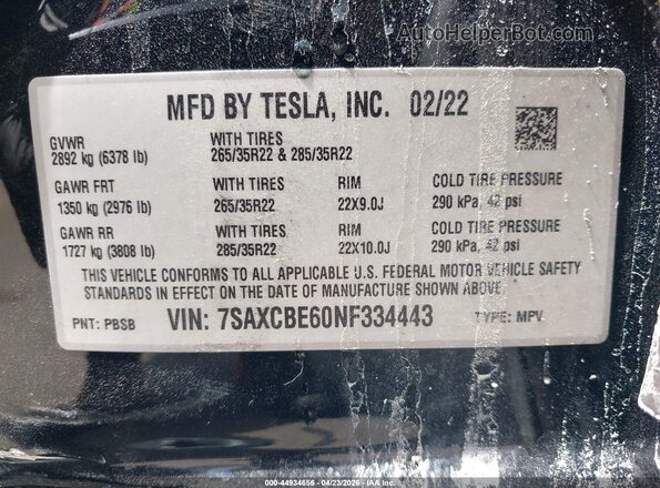 7SAXCBE60NF334443 2022 TESLA MODEL X Black Շարժիչի բաժամունքի տեսք