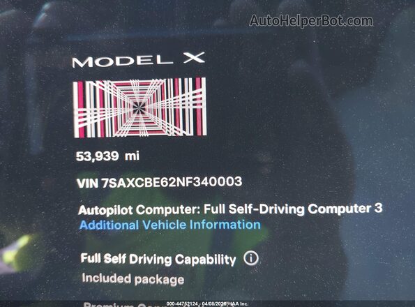 7SAXCBE62NF340003 2022 TESLA MODEL X Черный 