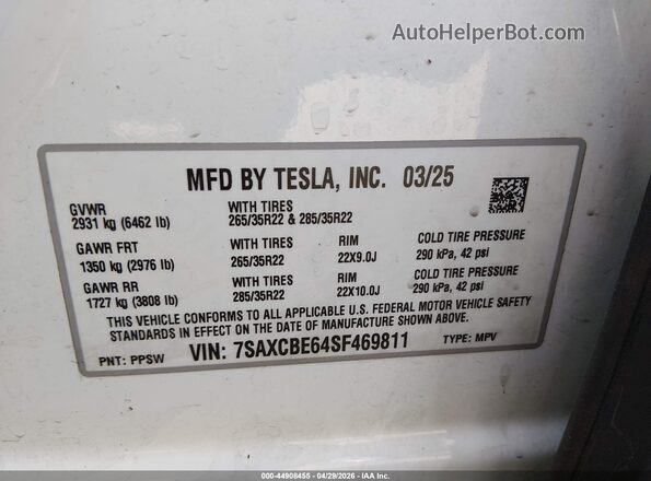 7SAXCBE64SF469811 2025 TESLA MODEL X Белый Вид подкапотного пространства