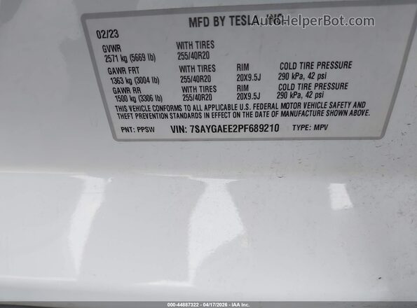 7SAYGAEE2PF689210 2023 TESLA MODEL Y Белый Вид подкапотного пространства