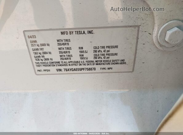 7SAYGAEE6PF758870 2023 TESLA MODEL Y Белый Вид подкапотного пространства