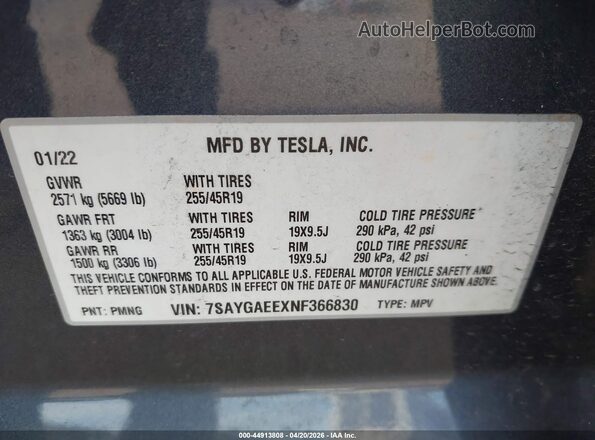7SAYGAEEXNF366830 2022 TESLA MODEL Y Black Вид підкапотного простору