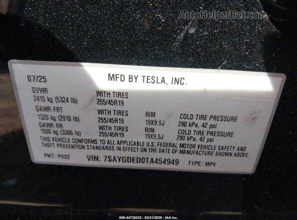 7SAYGDED0TA454949 2026 TESLA MODEL Y Black ძრავის განყოფილების ხედი