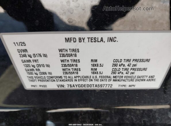 7SAYGDED0TA597772 2026 TESLA MODEL Y Черный Вид подкапотного пространства