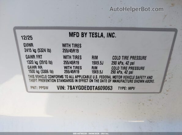 7SAYGDED0TA609063 2026 TESLA MODEL Y Белый Вид подкапотного пространства