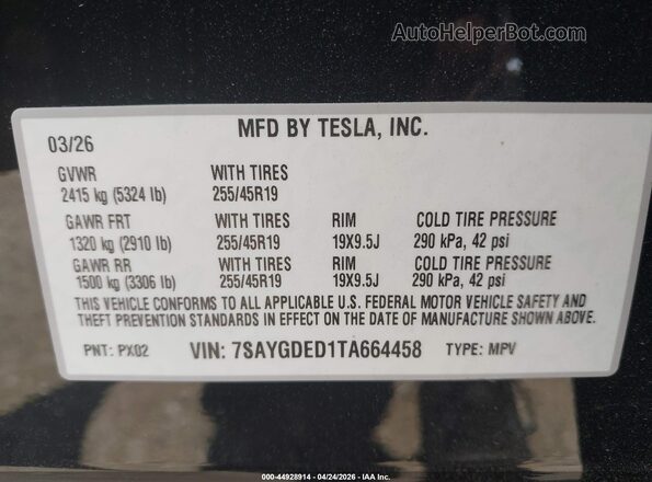7SAYGDED1TA664458 2026 TESLA MODEL Y Black Widok komory silnika