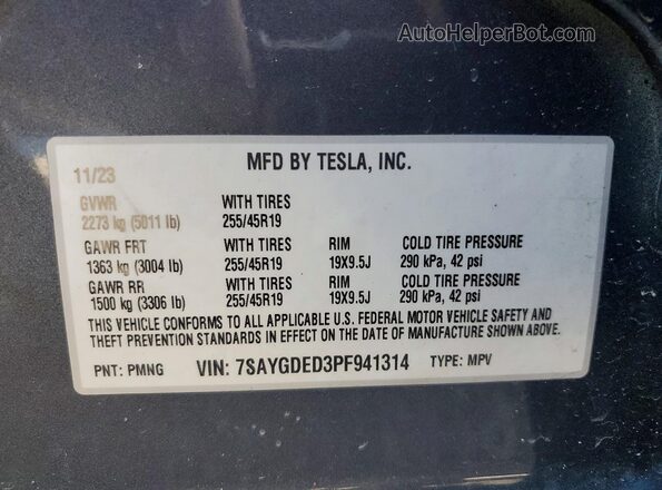 7SAYGDED3PF941314 2023 TESLA MODEL Gray VIN sticker view