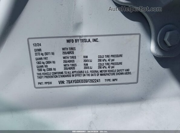 7SAYGDED3SF282241 2025 TESLA MODEL Y White 