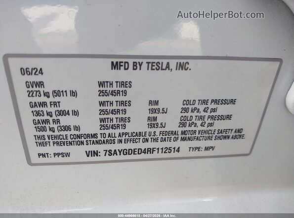 7SAYGDED4RF112514 2024 TESLA MODEL Y White Vista del compartimento del motor