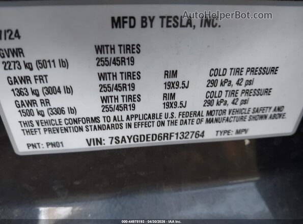 7SAYGDED6RF132764 2024 TESLA MODEL Y Черный Вид подкапотного пространства