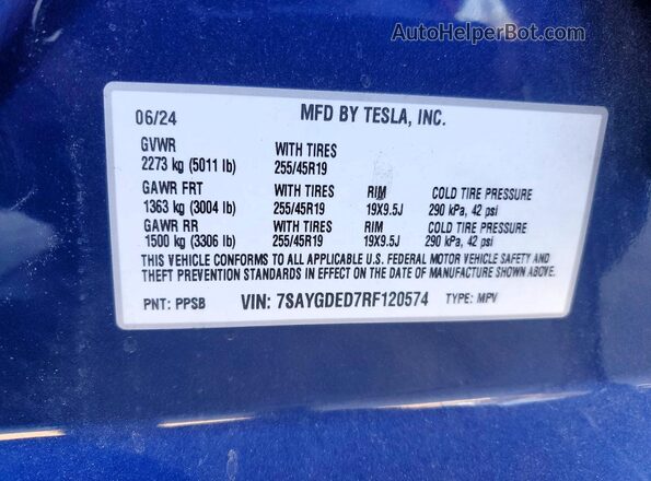 7SAYGDED7RF120574 2024 TESLA MODEL Blue 