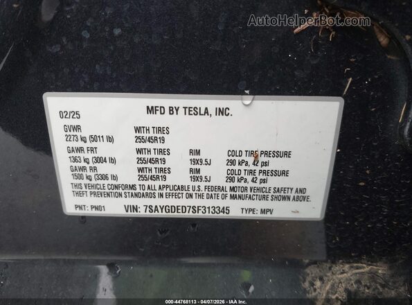 7SAYGDED7SF313345 2025 TESLA MODEL Y Gray 