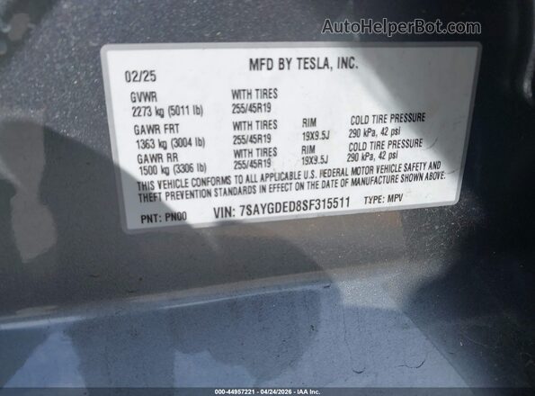 7SAYGDED8SF315511 2025 TESLA MODEL Y Серый 