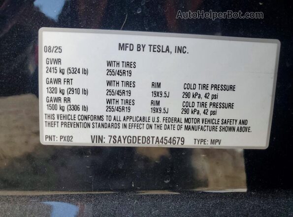 7SAYGDED8TA454679 2026 TESLA MODEL Черный Вид наклейки с VIN-кодом