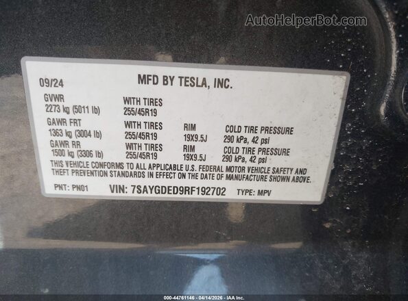 7SAYGDED9RF192702 2024 TESLA MODEL Y Gray 
