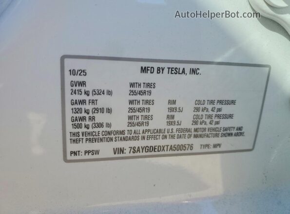 7SAYGDEDXTA500576 2026 TESLA MODEL White Engine compartment view