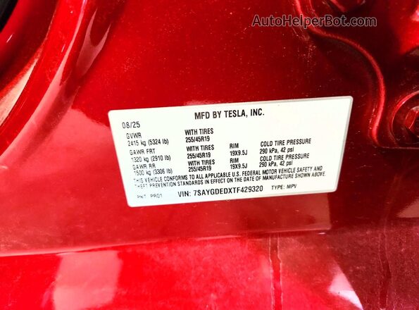 7SAYGDEDXTF429320 2026 TESLA MODEL Red Вид наклейки з VIN-кодом
