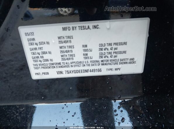 7SAYGDEE0NF449166 2022 TESLA MODEL Y Black Engine compartment view