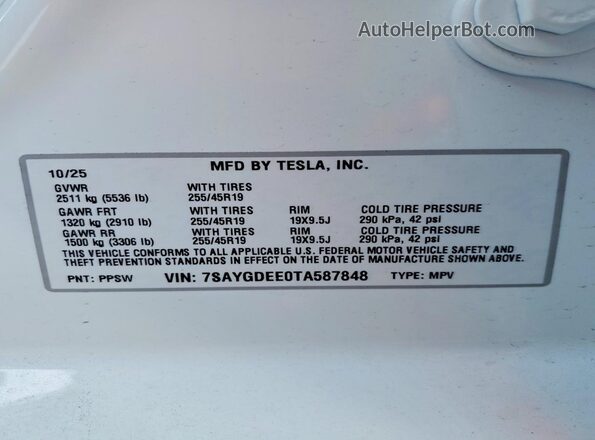 7SAYGDEE0TA587848 2026 TESLA MODEL Белый 