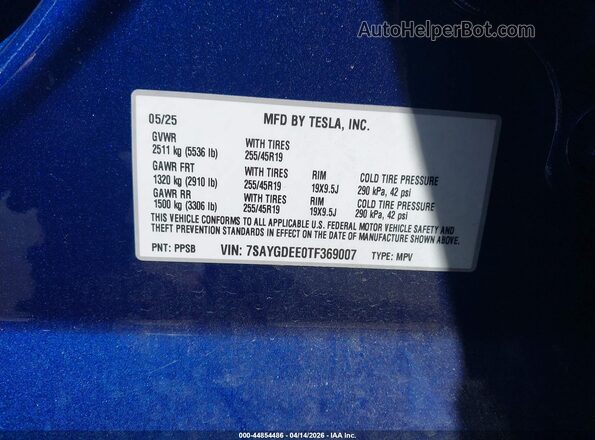 7SAYGDEE0TF369007 2026 TESLA MODEL Y Blue 