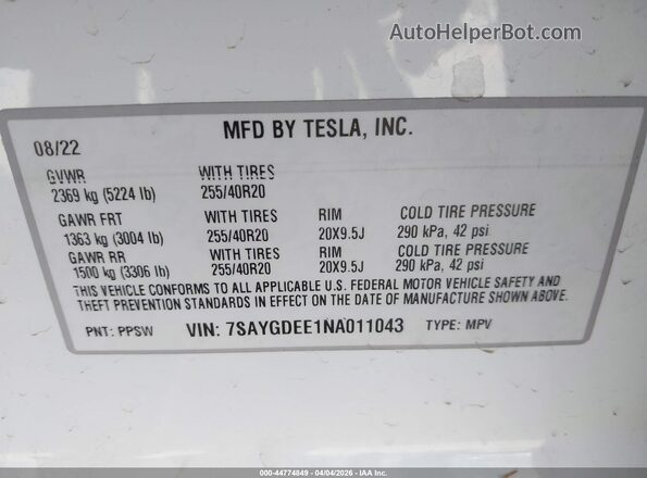 7SAYGDEE1NA011043 2022 TESLA MODEL Y White Вид підкапотного простору