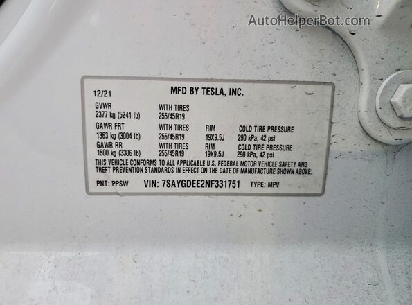 7SAYGDEE2NF331751 2022 TESLA MODEL White VIN კოდის სტიკერის ხედი